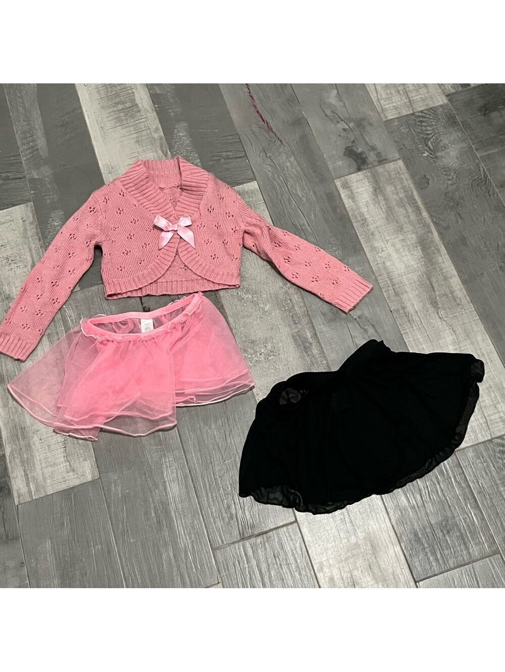 3 Pc Set Black Pink Chiffon Skirt & Pink Knit Sweater Knit Shrug Ballet Dance S